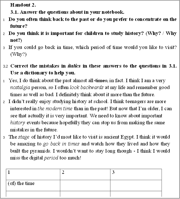 Handout 2. 
3.1. Answer the questions about in your notebook.
1	Do you often think back to the past or do you prefer to concentrate on the future?
2	Do you think it is important for children to study history? (Why? / Why not?)
3	If you could go back in time, which period of time would you like to visit? (Why?)
3.2	Correct the mistakes in italics in these answers to the questions in 3.1. Use a dictionary to help you.
1	Yes, I do think about the past almost all-times, in fact. I think I am a very nostalgia person, so I often look backwards at my life and remember good times as well as bad. I definitely think about it more than the future.
2	I didnt really enjoy studying history at school. I think teenagers are more interested in the modern time than in the past! But now that Im older, I can see that actually it is very important. We need to know about important history events because hopefully they can stop us from making the same mistakes in the future.
3	The stage of history Id most like to visit is ancient Egypt. I think it would be amazing to go back in times and watch how they lived and how they built the pyramids. I wouldnt want to stay long though - I think I would miss the digital period too much!

1	2	3
(of) the time		
		
		

